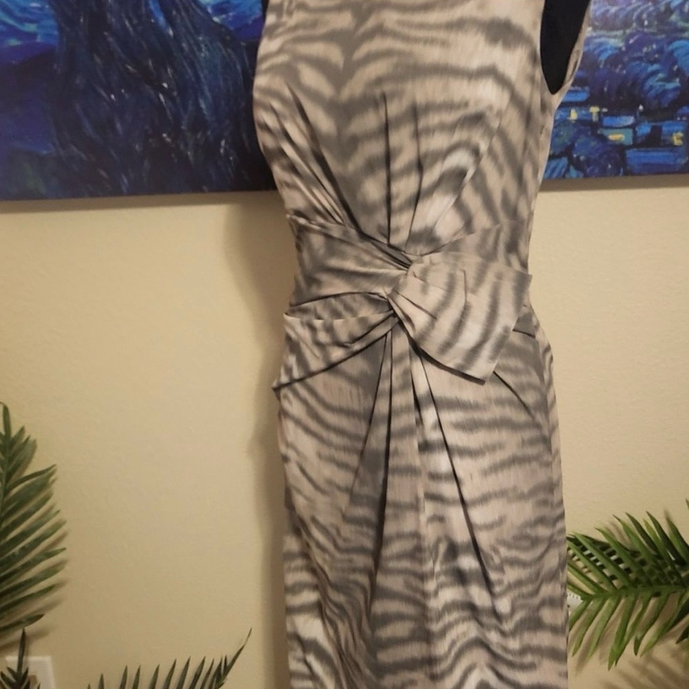 Vintage Anne Klein Gray Zebra-Print Asymmetrical Knot Waist Dress